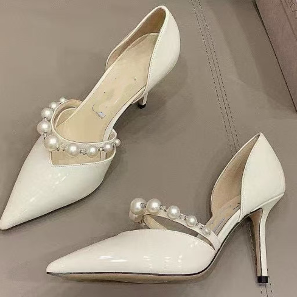 women's Dress Wedding Party Shoes Pearl-Embellished Patent leather stiletto heels Elegant Bride Pearls Foot strap Slip-On High Heels Size 35-42 with bag