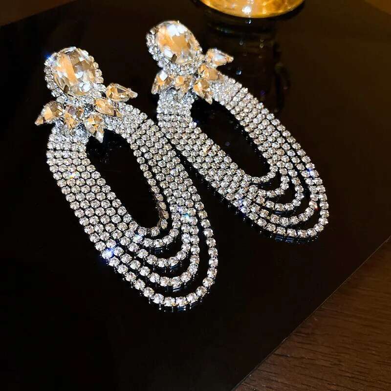 Exaggerated Full Rhinestone Drop Earrings Women Shiny Long Tassel Earings Europe And American Jewelry For Party Wedding