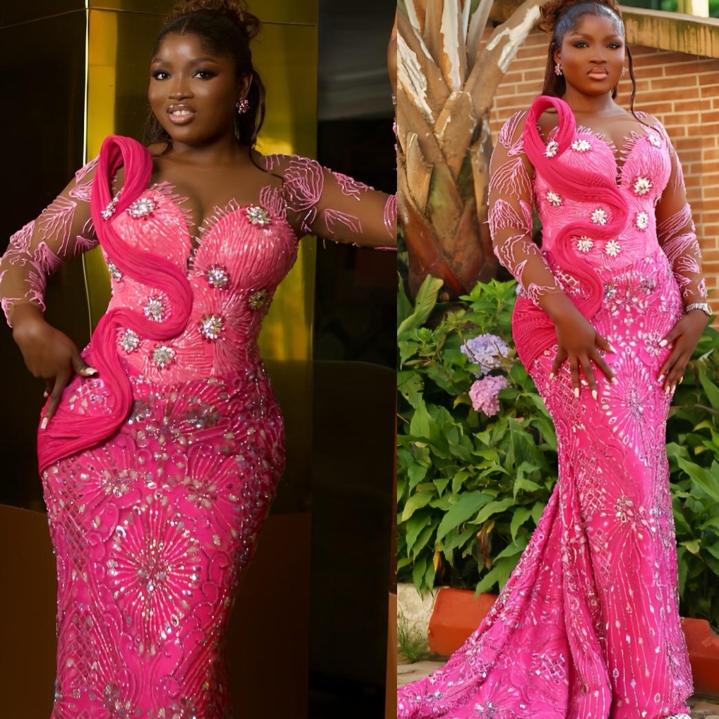 Aso Ebi Hot Pink Mermaid Prom Dresses 2026 Sheer Neck Beaded Crystals Evening Formal Party Second Birthday Engagement Gowns Plus Size Dress For Specia