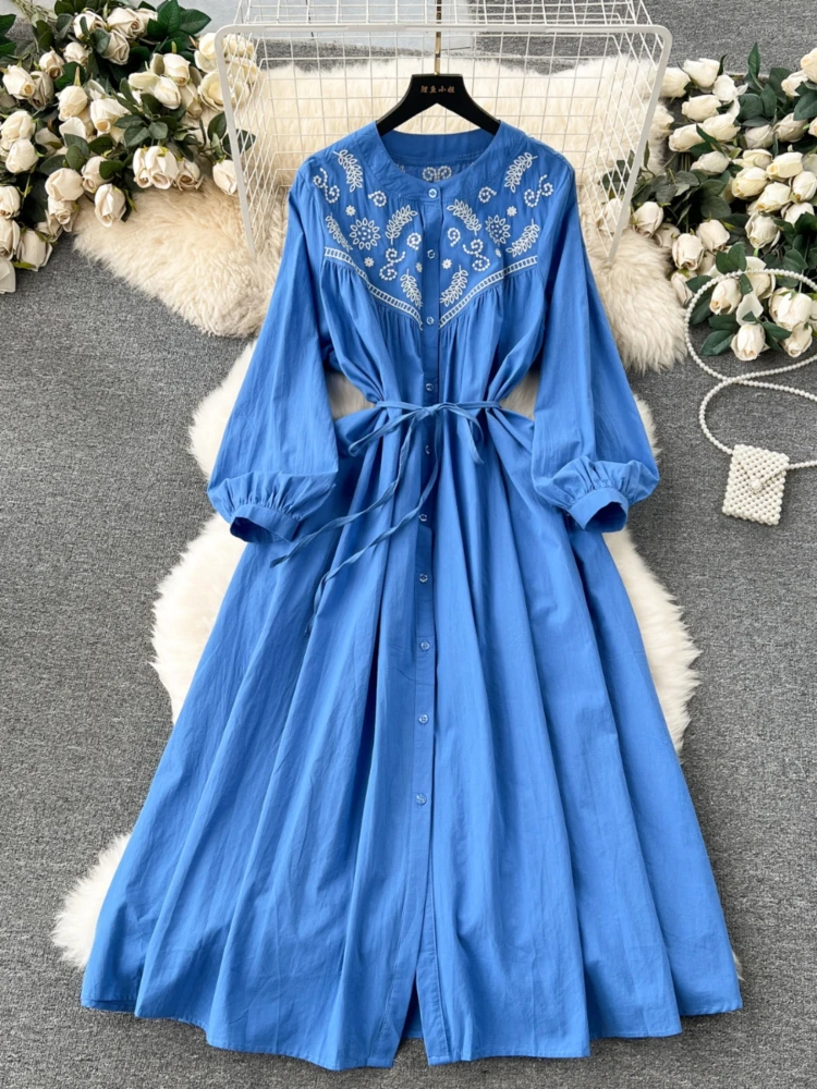 Women Long Dress Spring Autumn Long Sleeved Retro Embroidered Floral Loose Long Dresses Ladies Elegant Robe