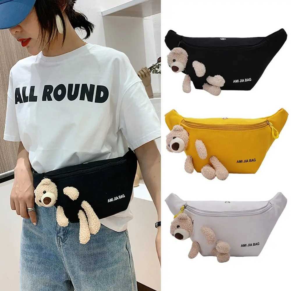 New Womens Cute Bear Waist Bag Canvas Belt Bags Designer Crossbody Chest Bag Female Solid Fanny Pack Banana Hip PurseT251128