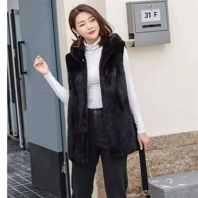 Hooded Vest Coat Womens Long 2025 Autumn Winter New Fur Imitation Rex Rabbit Fur Sleeveless Jacket Fashion Waistcoat Top FemaleT251128