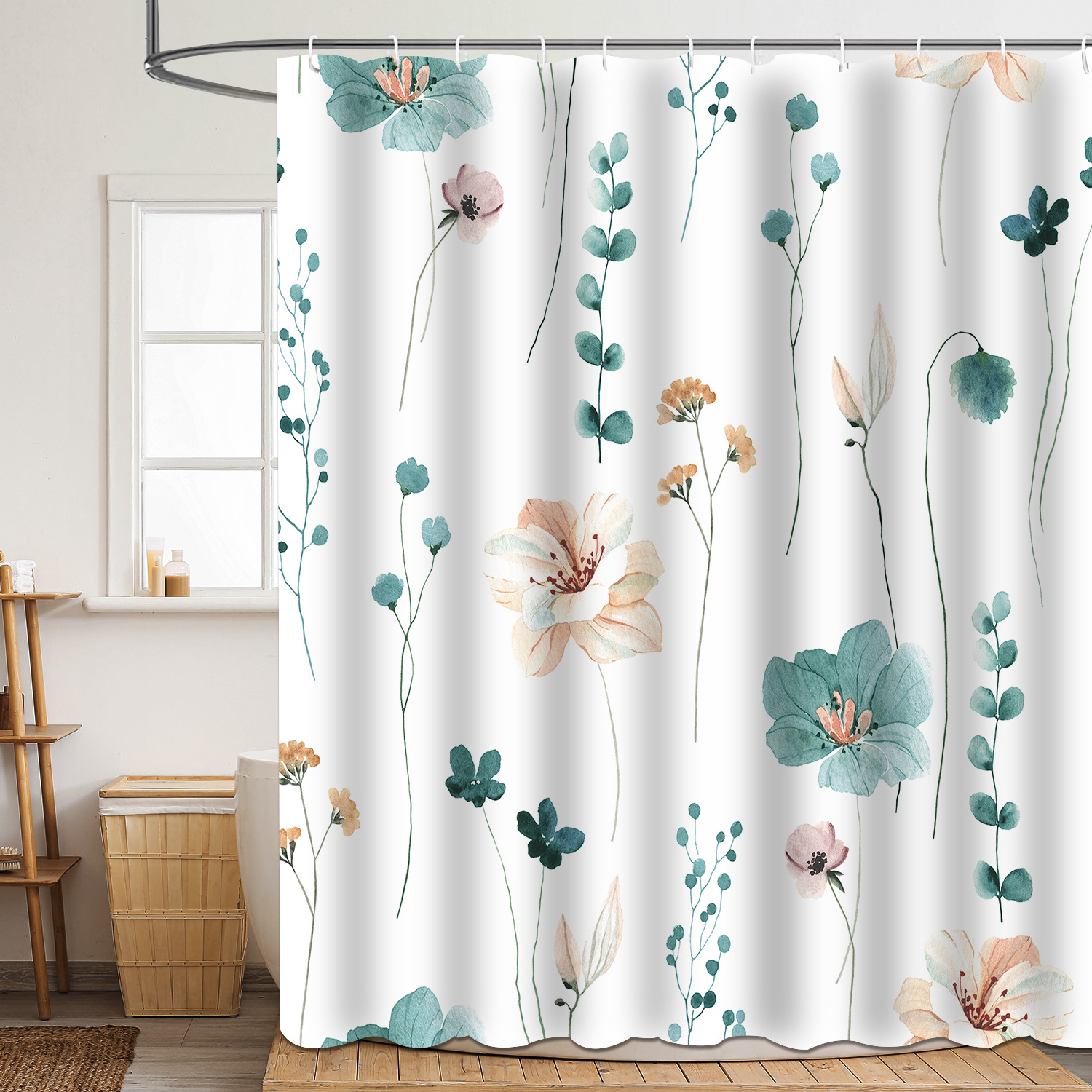 YL-37831 Floral and Leaf Polyester 3D Digital Printed Shower Curtain, Waterproof and Mildew-proof Shower Bathroom Partition Curtain