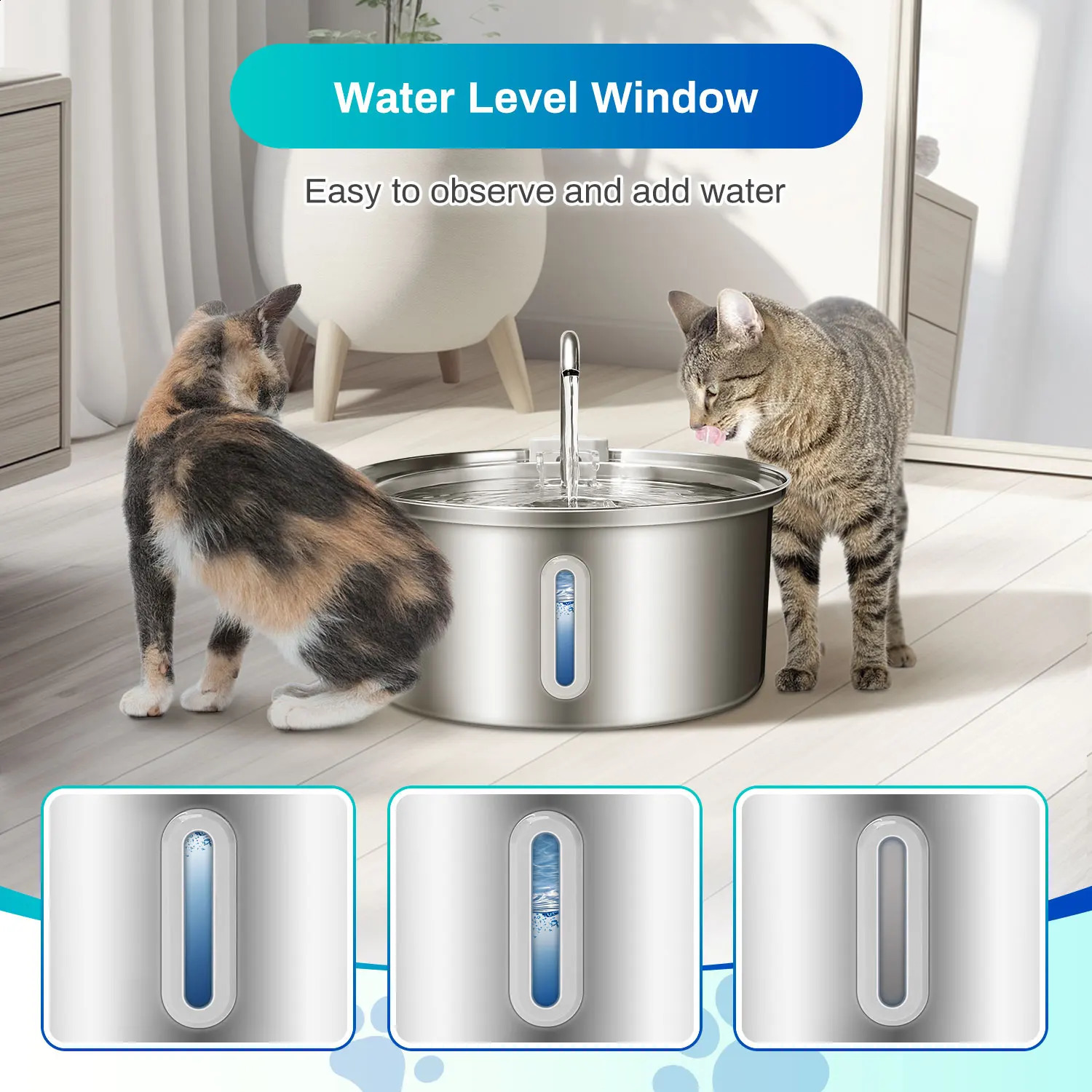 Cat Fountain Stainless Steel 108oz/3.2L Pet Fountain with Ultra Quiet Pump Filtration System Water Level Window 250427