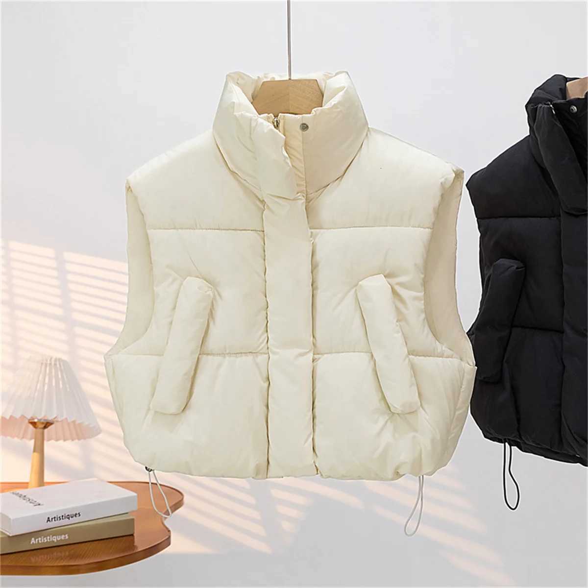 Autumn Winter Womens Short Cotton Down Vest Short Stand-up Collar Warm Sleeveless Quilted Vest Outdoor Jacket Tops OutwearT251128