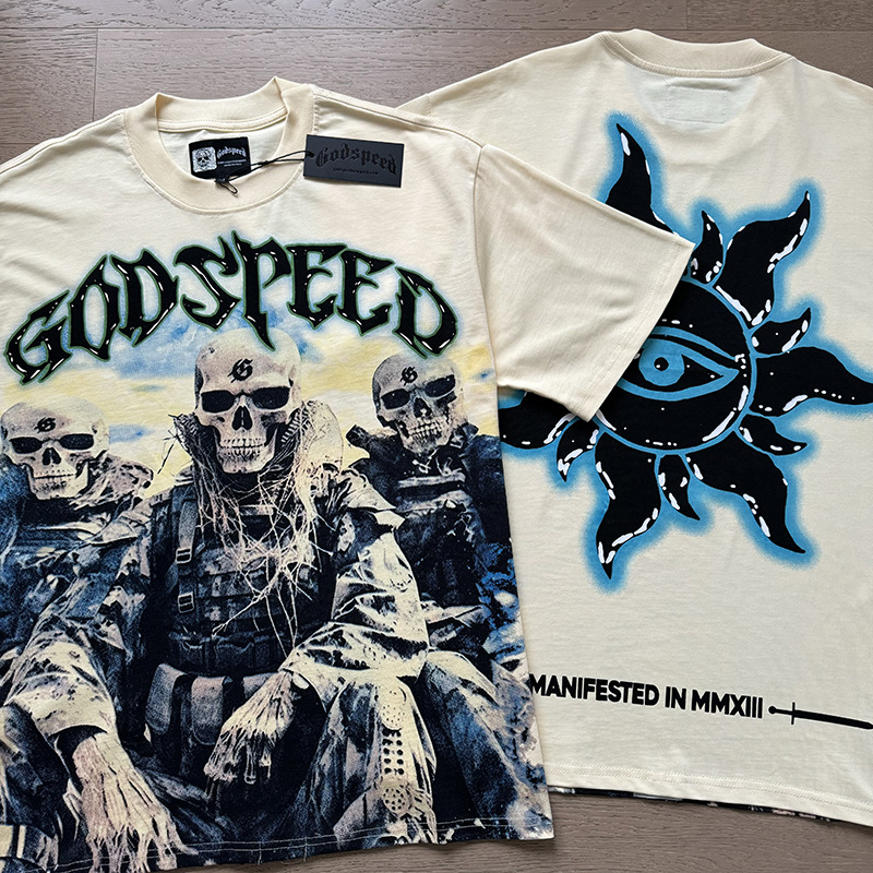 25 Real Photos High Quality Godspeed T-shirt Trendy Rock Street Retro Washed Couple Skeleton Print Cotton Short Sleeve Men Women