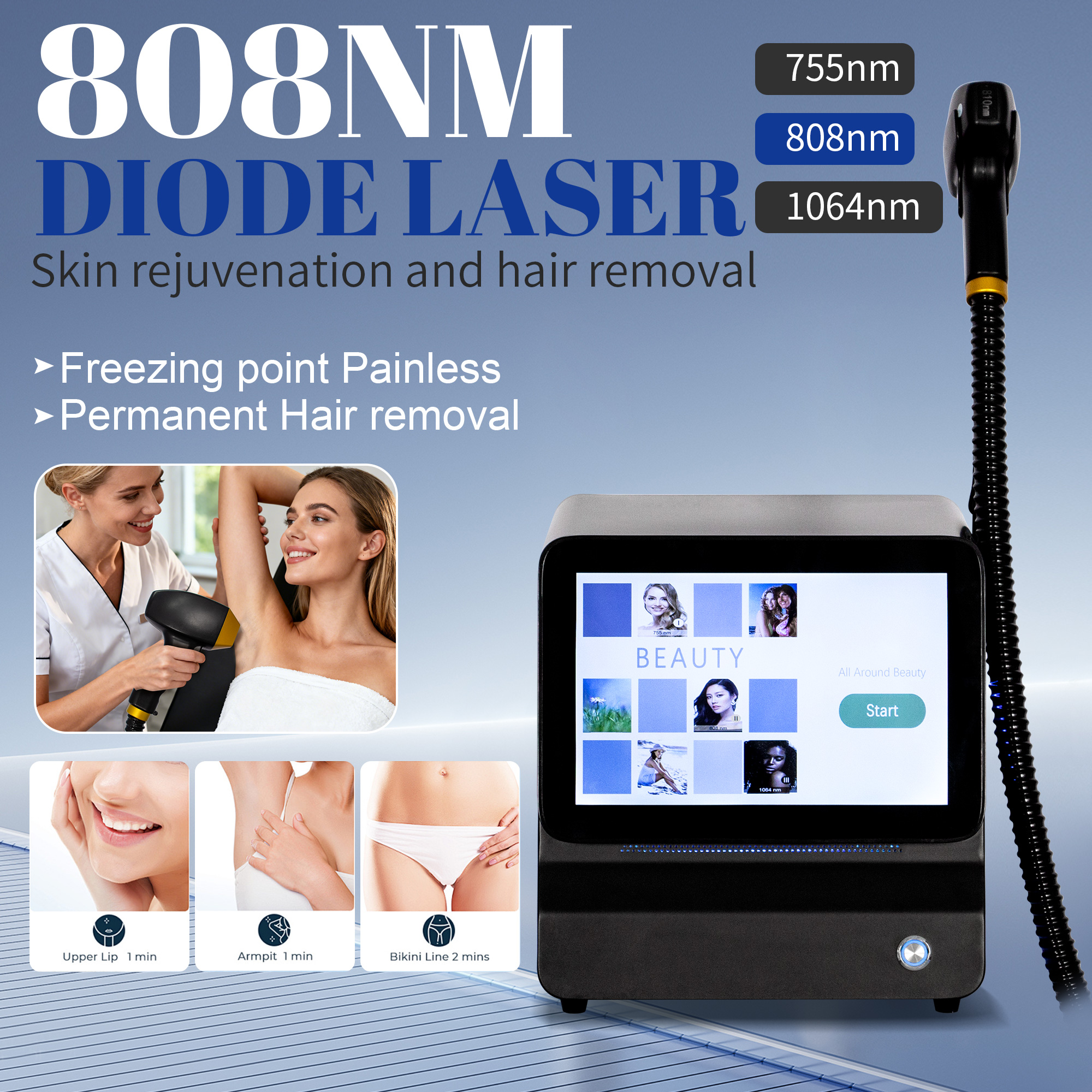 Professional Diode Laser Hair Removal Machine Triple Wavelength Ice Cooling Painless Permanent Hair Removal Device For Beauty Salon and Home Use
