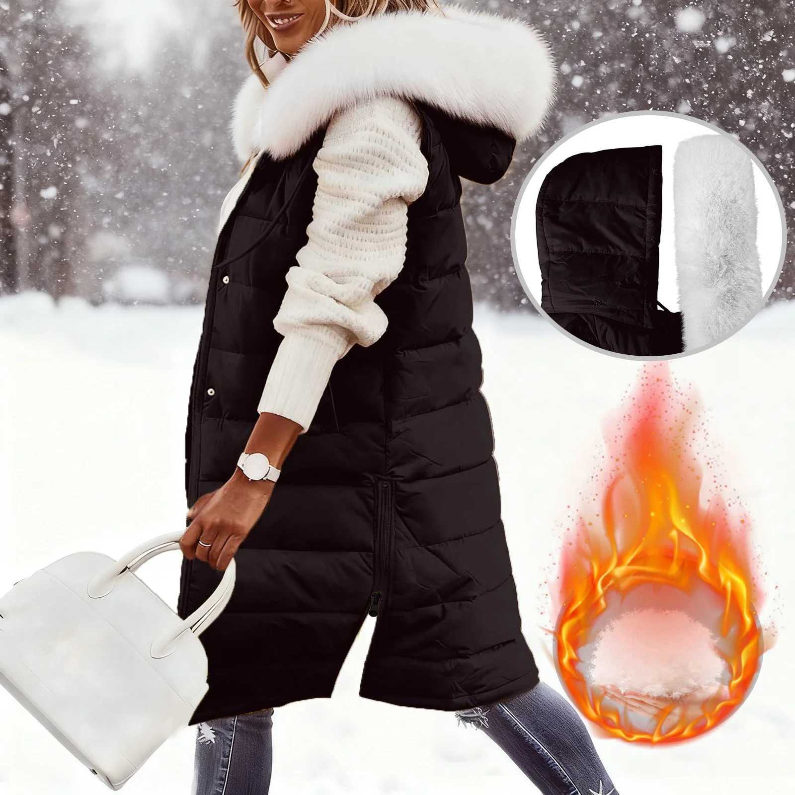 Hairy Collar Long with Hood Outdoor Vest Down Womens Jacket Quilted Coat Sleeveless Jacket Winter Light Weight SweatersT251128