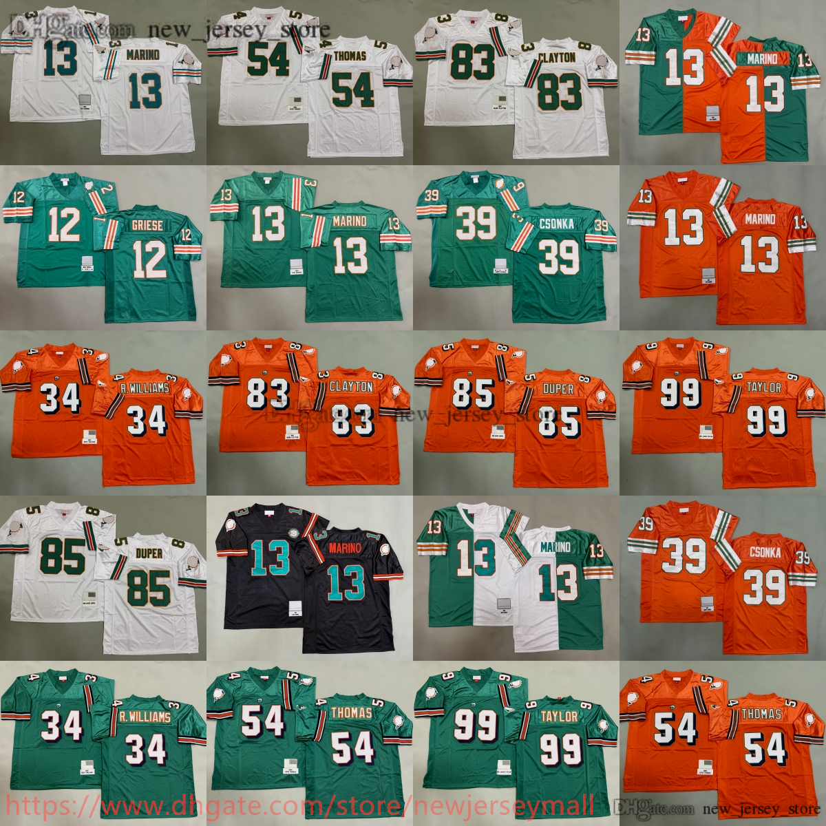 Custom S-6XL 1984 Throwback Football 13 Dan Marino Jersey Classic 34 Ricky Williams 39 Larry Csonka 99 Jason Taylor 54 Zach Thomas 83 Mark Clayton Mark Duper Bob Griese