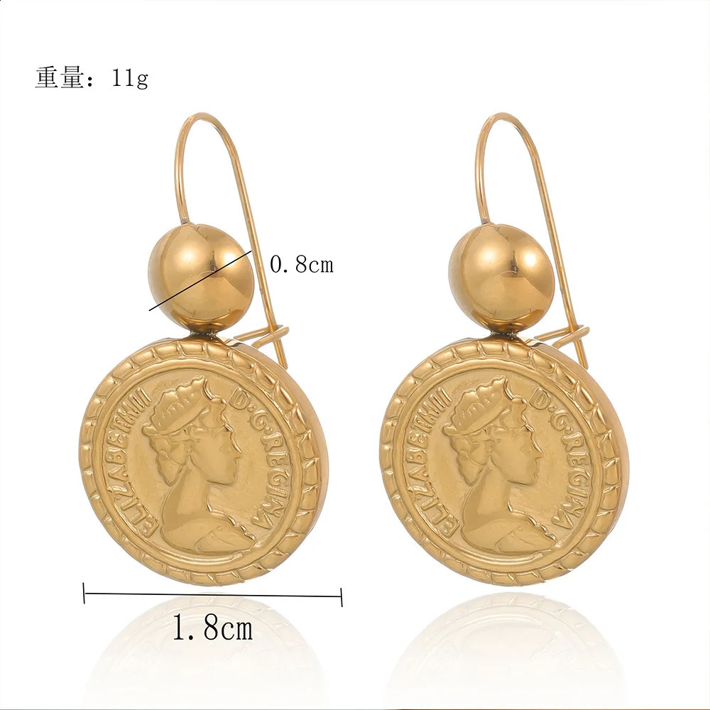 Round Queen Head Gold Coin Drop Earrings Gold Color Stainless Steel Earring For Women Fashion Jewelry Accessories 250427
