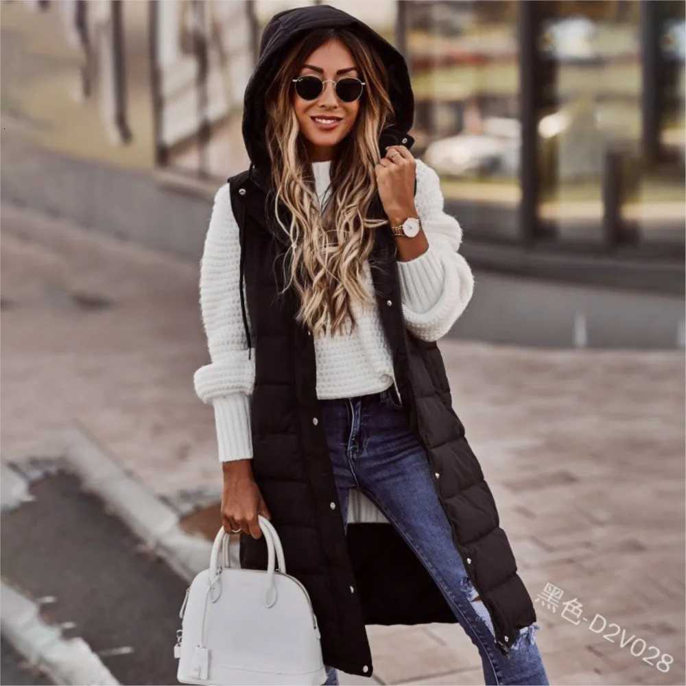 Casual Vest Hooded Single Breasted Mid-length Cotton Padded Jacket Winter Fashion Button Zipper Fitted Cardigan Female Vest CoatT251128