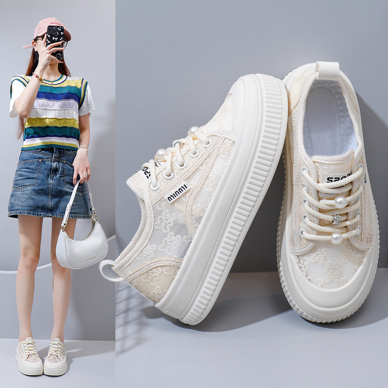 Free shipping designer 2025 Summer internet-famous breathable white sneakers, women's net shoes, versatile thick-soled lace thin casual shoes