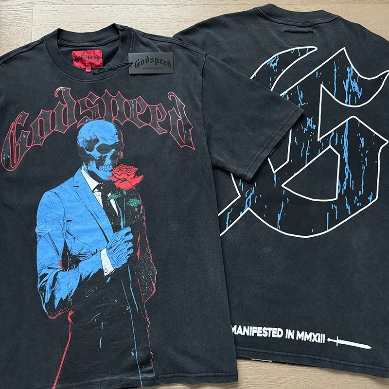 Letter Skull Flowers Print Godspeed T-Shirts American Streetwear Fashion Hip Hop Vintage Men Women Couple Short Sleeve Tops
