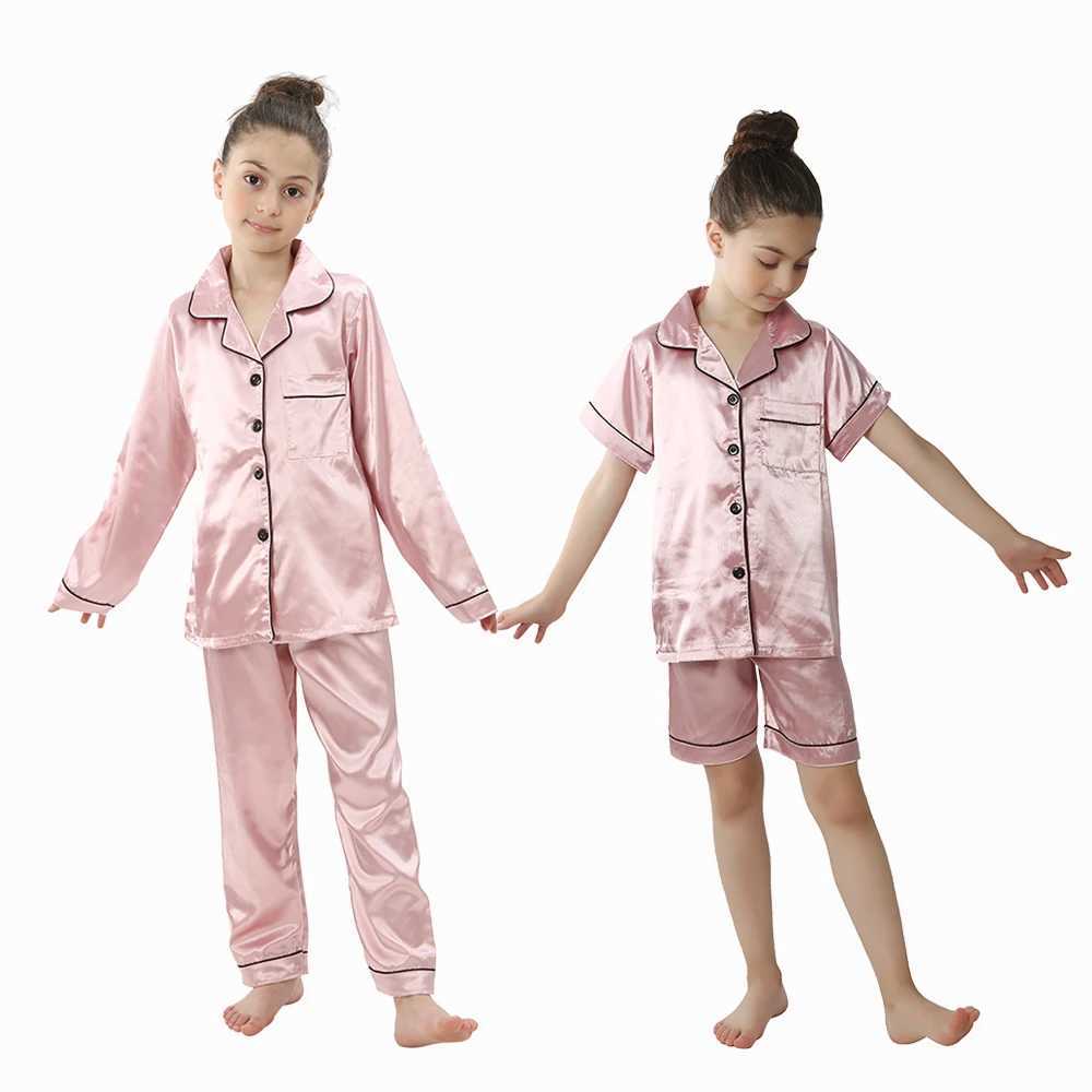 2 to 14 Years Boys Girls Pajamas Sets Kids Silk Satin Top Pant Long/Short Sleeve Solid Pyjamas Suits Nightgown Child Sleepwear H260403