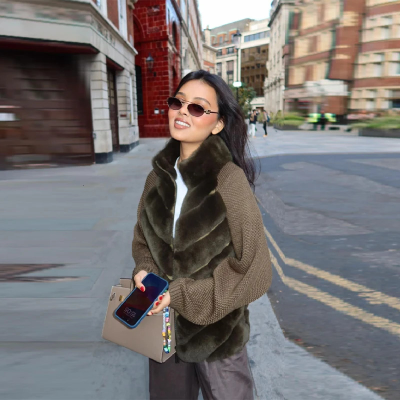 Medieval Knitted Faux Fur Jacket For Women Long Sleeve High Neck Warm Furry Coat Lady Autumn Winter Outwears 251128