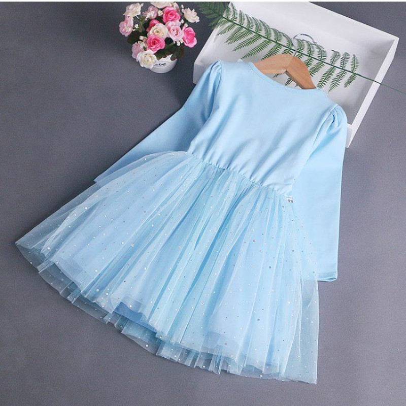 DISNEY Elsa princess dress kids designer clothes Spring and Autumn Girls' Long Sleeve Dress Children's Puff Sleeve Tulle Skirt