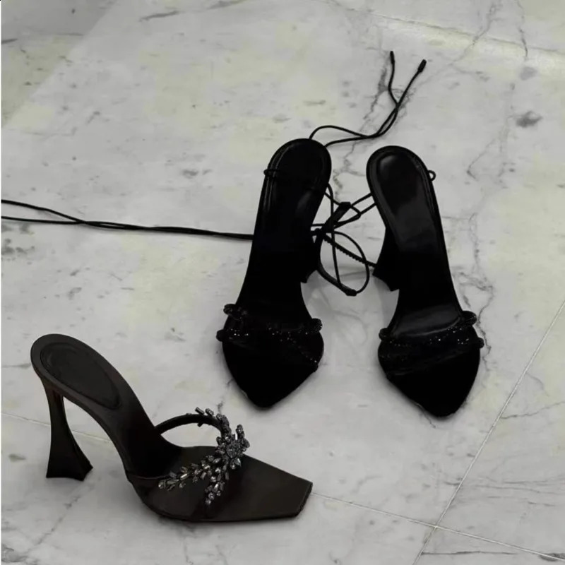 Summer Womens High Heel Sandals Fashion Cross Rhinestone Square Head Open Toe Sandals Silk Sexy Stiletto Shoes 250425