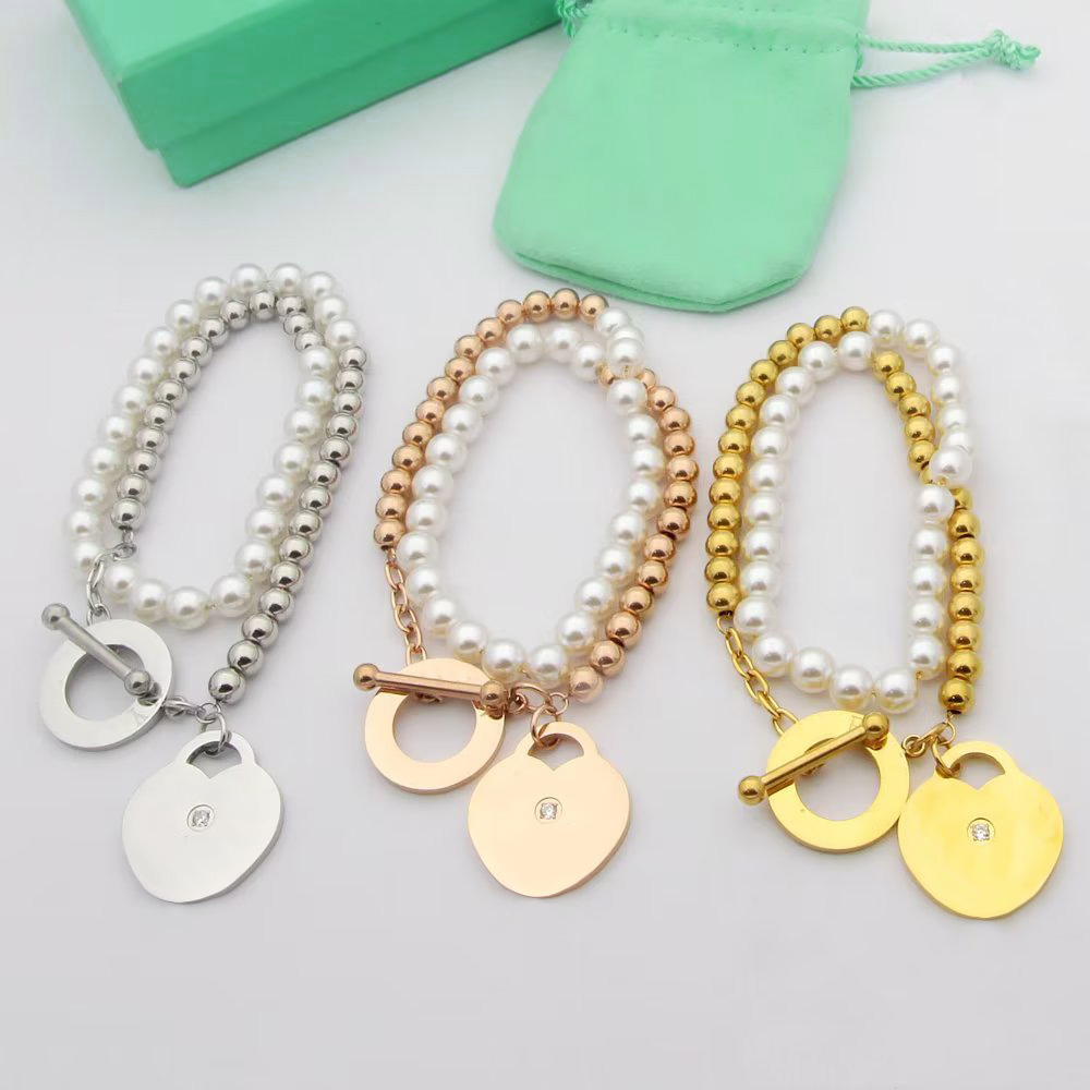 Heart Bracelet Pearl Necklace Set Square Chain Hearts Charm Bangle Designer Bracelets Titanium Steel 18K Gold Plated For Women Girlfriend Jewellry Gifts