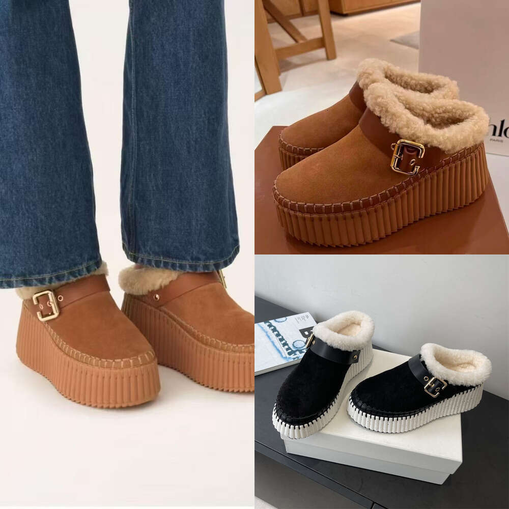 luxury Ankle Buckle Thick Sole flat Suede fluffy Furry shearling Plush Fur boot Warm ski clog winter boot Outdoor Casual shoes Designer boot Woman shoe Snow boots