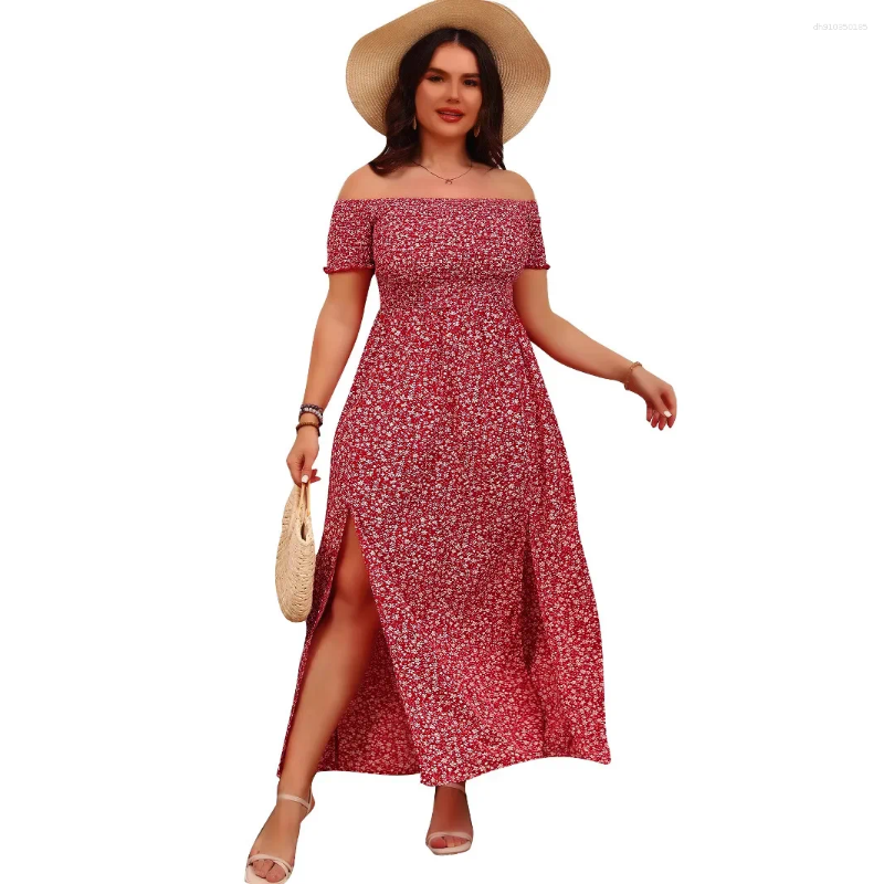 Plus 4XL Size Dresses Ladies Large Casual Bohemian Print One Shoulder Long Floral Dress Slit Design Elegant Women's Fashion Maxi
