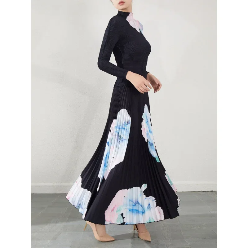 Fashionable Two-Piece Suit Dress Women's Early Autumn New Style Slimming Ruffles Printed Top Half-Length Dress