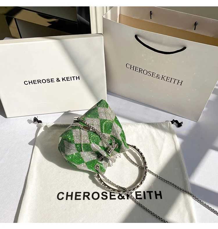 Luxury Designer Green Plaid Rhinestones Diamond Evening Clutch Bag Wedding Party Bucket Purse Womens Handbag Crossbody Bag K251128