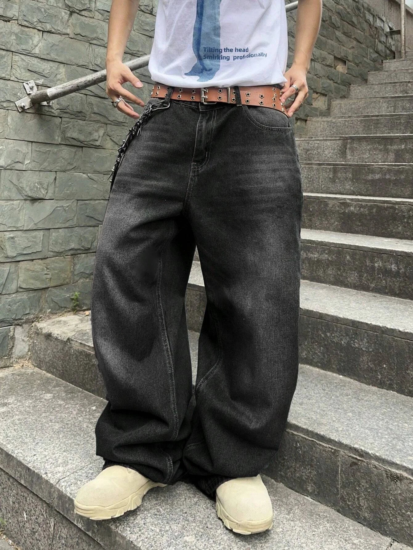 1Pc mens daily travel casual American street loose jeans black light blue sea blue fashion street style retro lantern jeans denim pants 250423