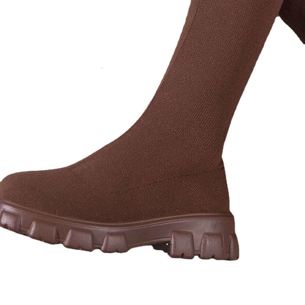 Thick Sole Knitted Long for Women Fashion Elastic Socks Shoes Boots Over Knee Round Toe Low Heels Botas De Mujer 2025