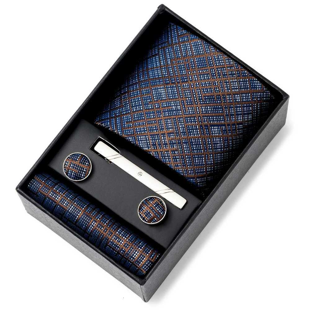 Newest Style Gift Box 8 cm Tie Handkerchief Cufflink Clip Set Men Blue Striped Wedding Gravata Suit Accessories Fit Workplace X251128