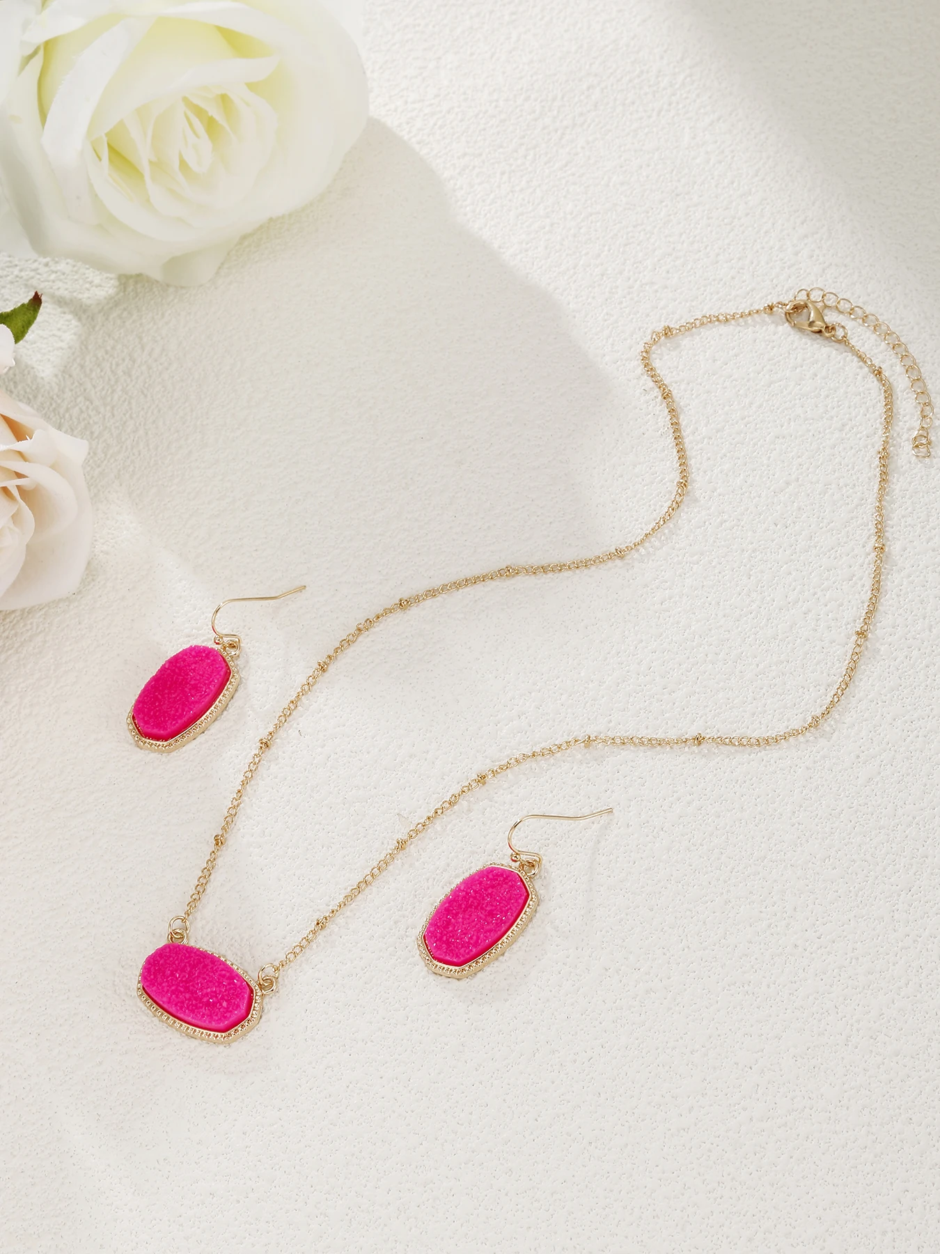 Women's Oval Crystal Pendant Necklace Earrings Set Best Gift for Mom