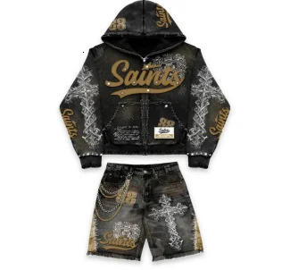 American retro cross niche letter print loose denim old shorts mens street fashion gothic casual sweatshirt suit 251128