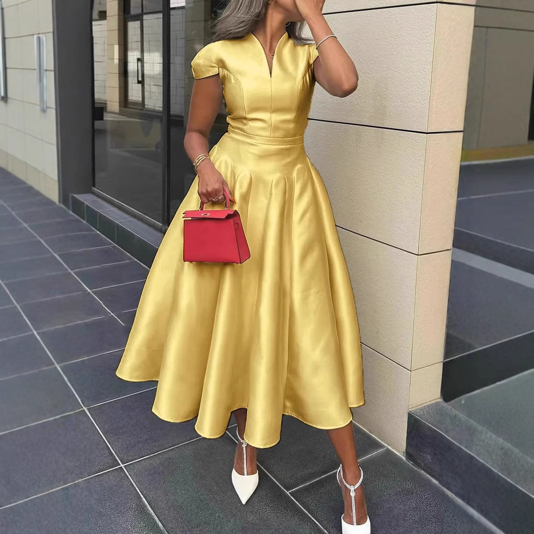 2025V collar and waist hem dress French style dress long skirt for women 240627