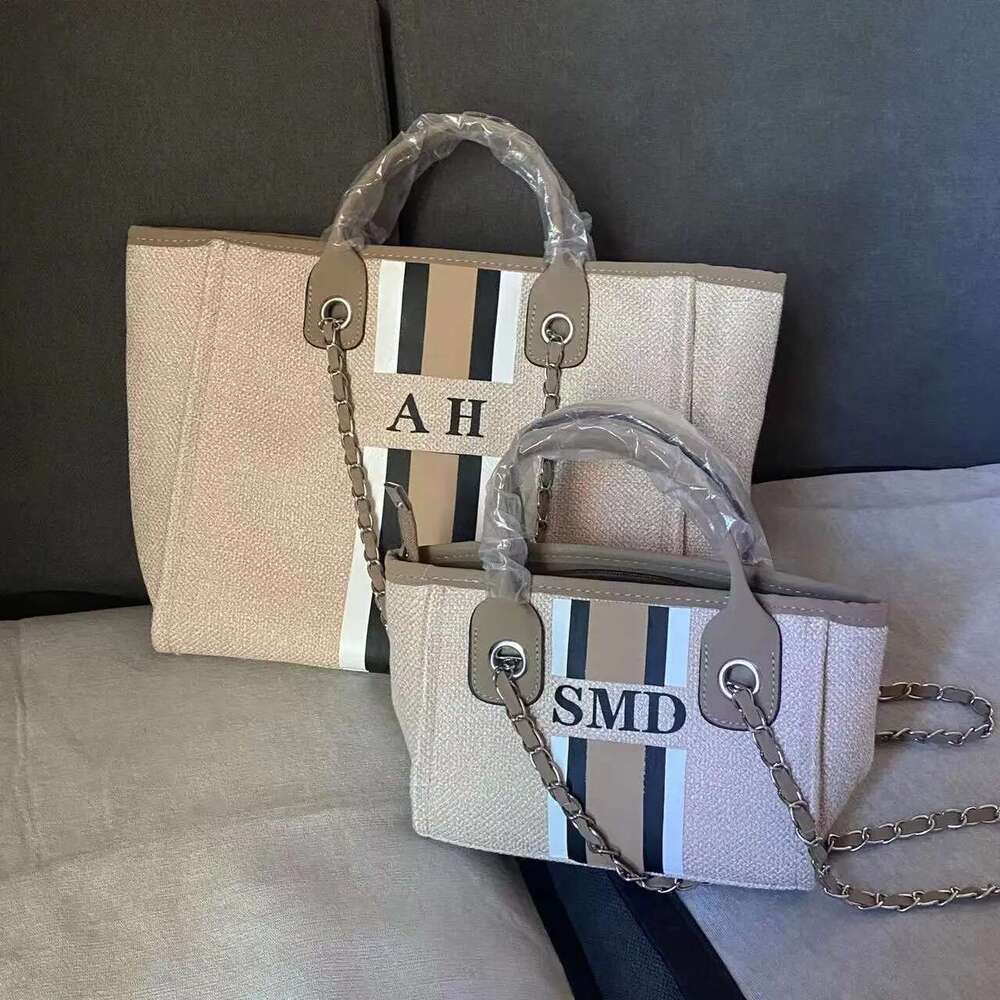 Personalized Monogram Customised Chain Handbag White Stripe Initials Beach Holiday Canvas Tote Bag Bride Gifts