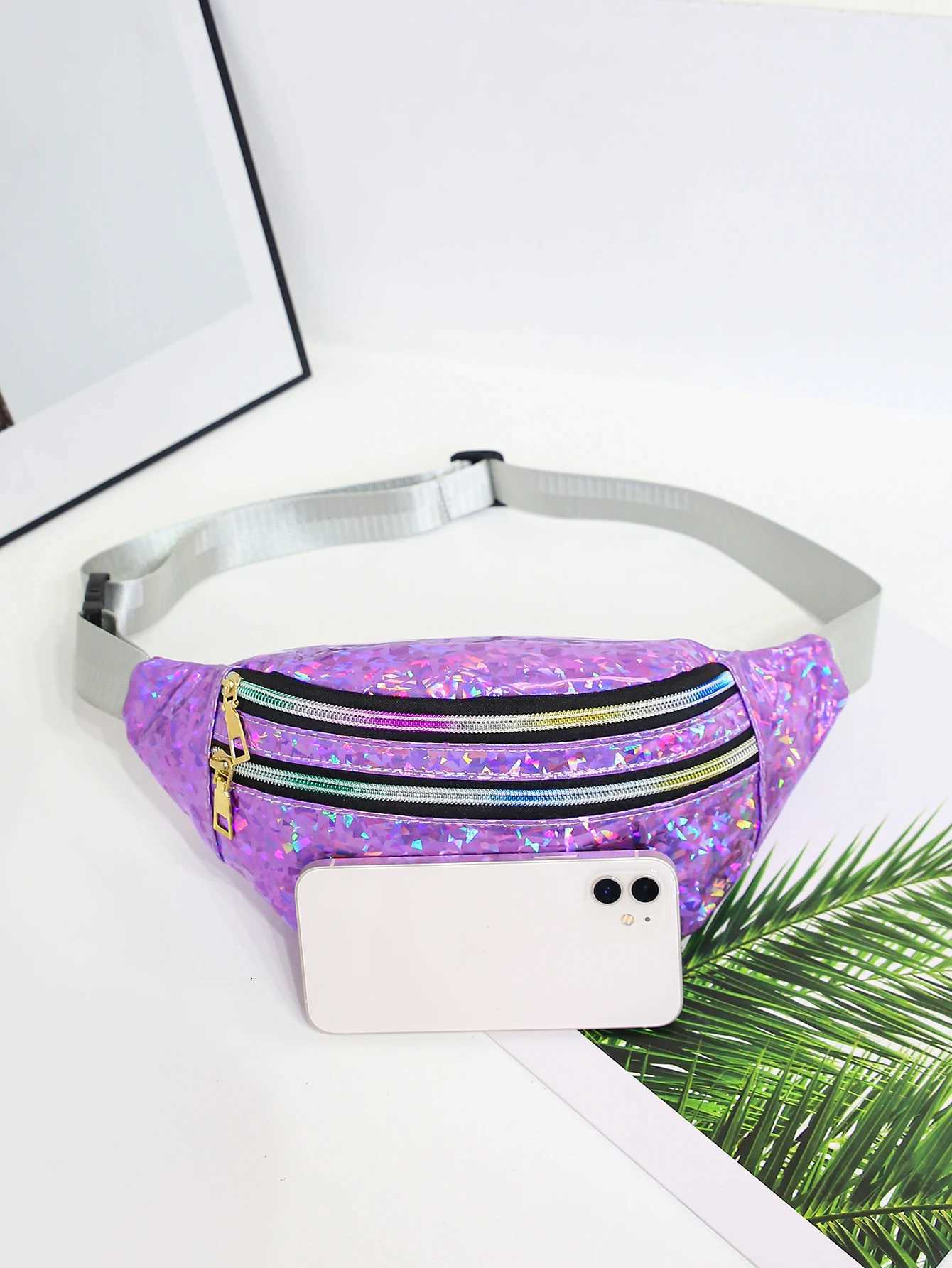 Holographic Waist Bags Women Silver Fanny Pack Female Belt Bag Black Geometric Waist Packs Laser Chest Phone Pouch Bum BagT251128