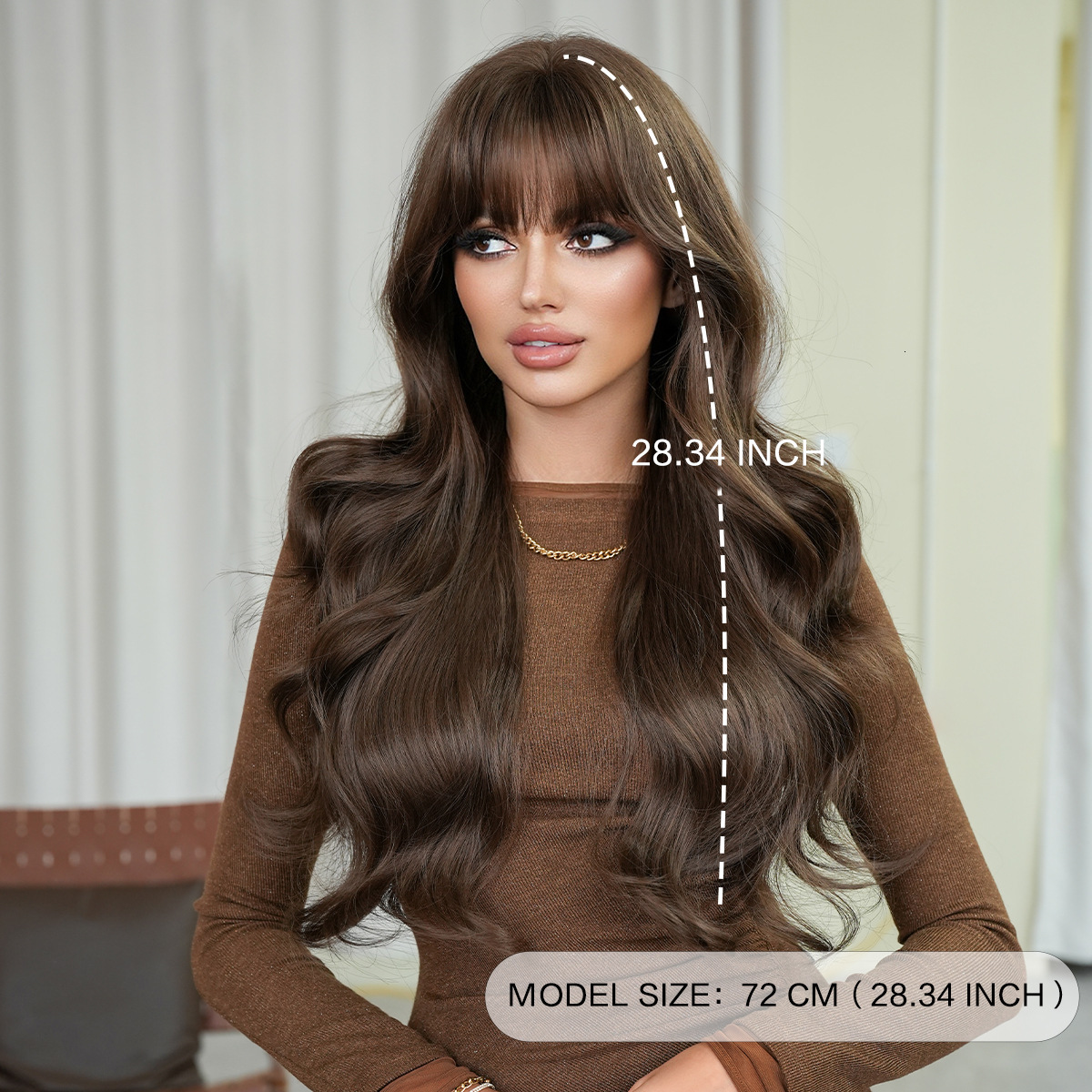 brown Honey wig for women with big waves long curly hair neat bangs fluffy whole top natural simulated hair full head cover