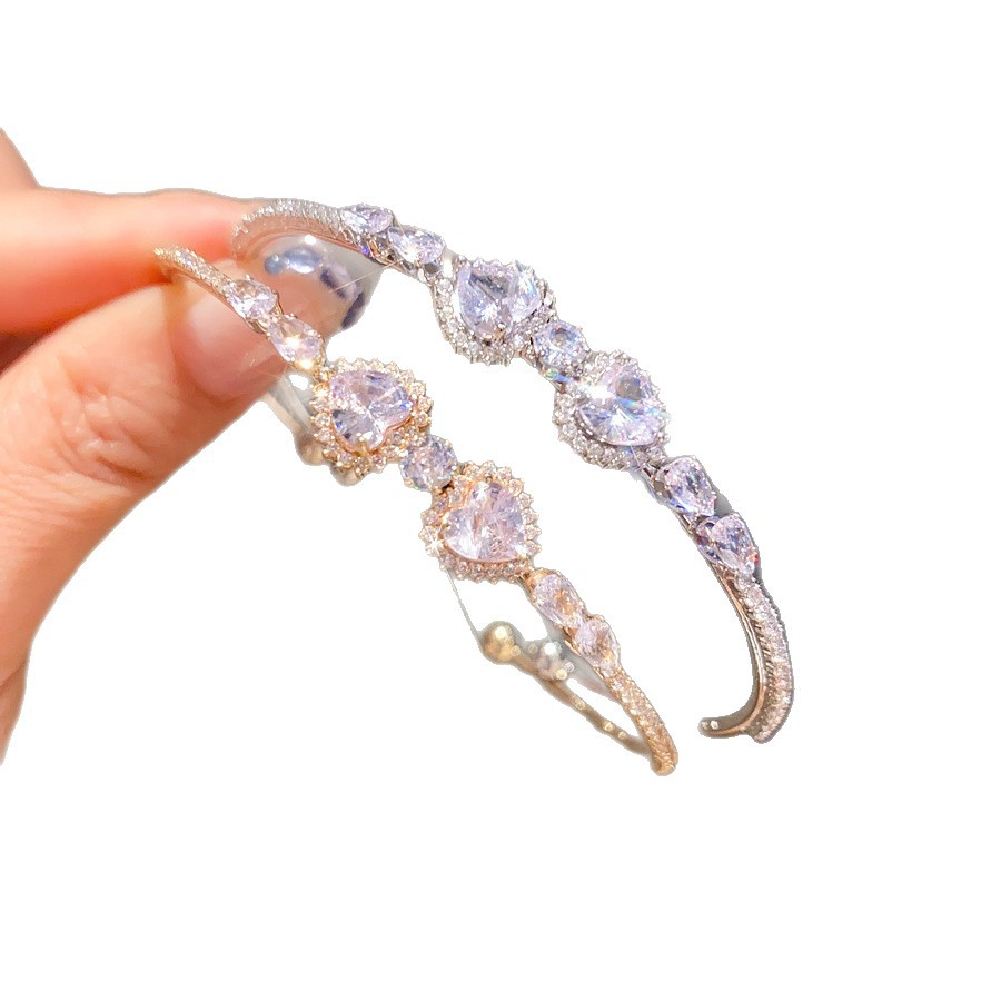 Super Shiny Zircon Heart Geometric Round Open Bracelet French Exquisite Versatile Bangle Light Luxury High-end Feel Women's Jewelry - view 6