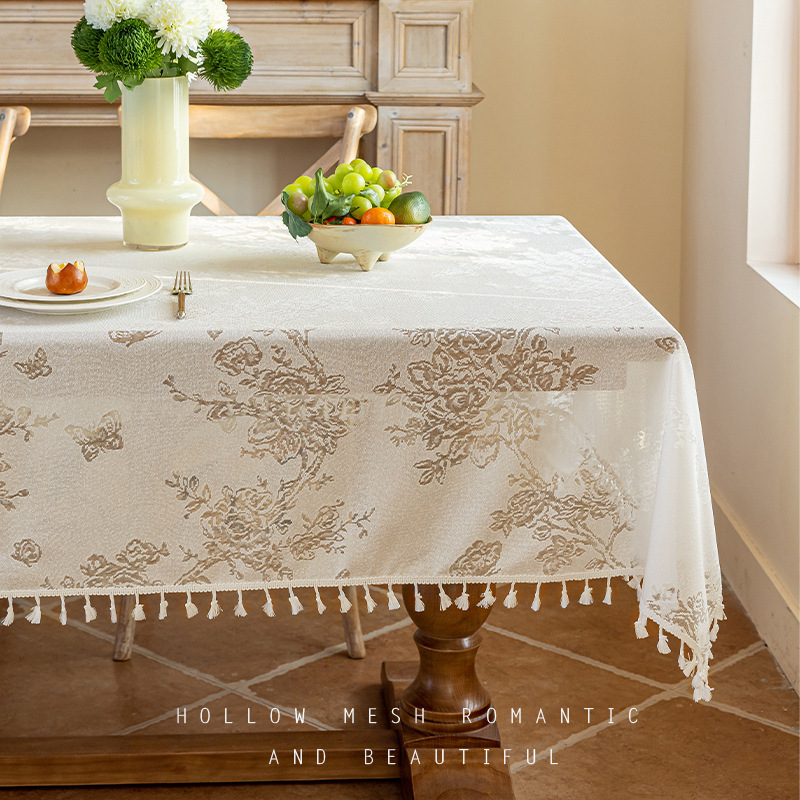 T0435 French light luxury tassel jacquard tablecloth polyester hollow restaurant dustproof tablecloth rectangular mesh cover cloth wholesale