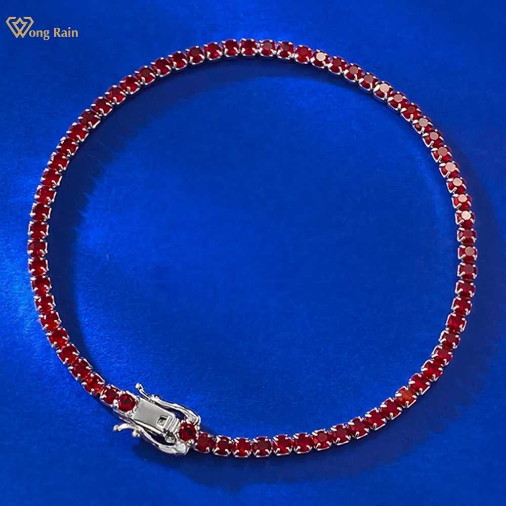 Wong Rain 100 925 Sterling Silver 2MM Round Cut Ruby Gemstone Tennis Chain Bracelets Bangle for Women Fine Jewelry G251128