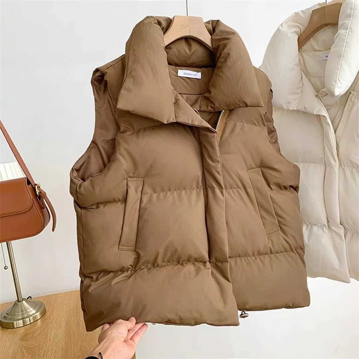 Women Fashion Autumn New 2024 Stand Collar Elegant Down Coats Warm Outerwear Casual Belt Sleeveless Winter Women Vests JacketsT251128