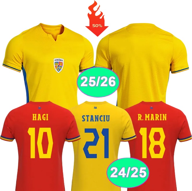 25 26 Romania National Team Mens Soccer Jerseys STANCIU ALIBEC DRAGUS CHIPCIU BANCU BURCA RATIU 25 Home Yellow Home Away Third Football Shirts Uniforms