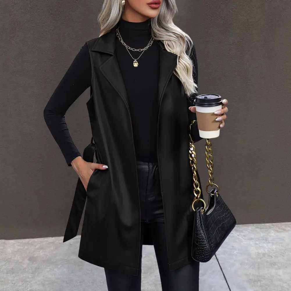 Women Jackets Vests Sleeveless Cardigan Coat with Belt Lace-up Waist Faux Leather Mid Length Cardigan Lady WaistcoatT251128