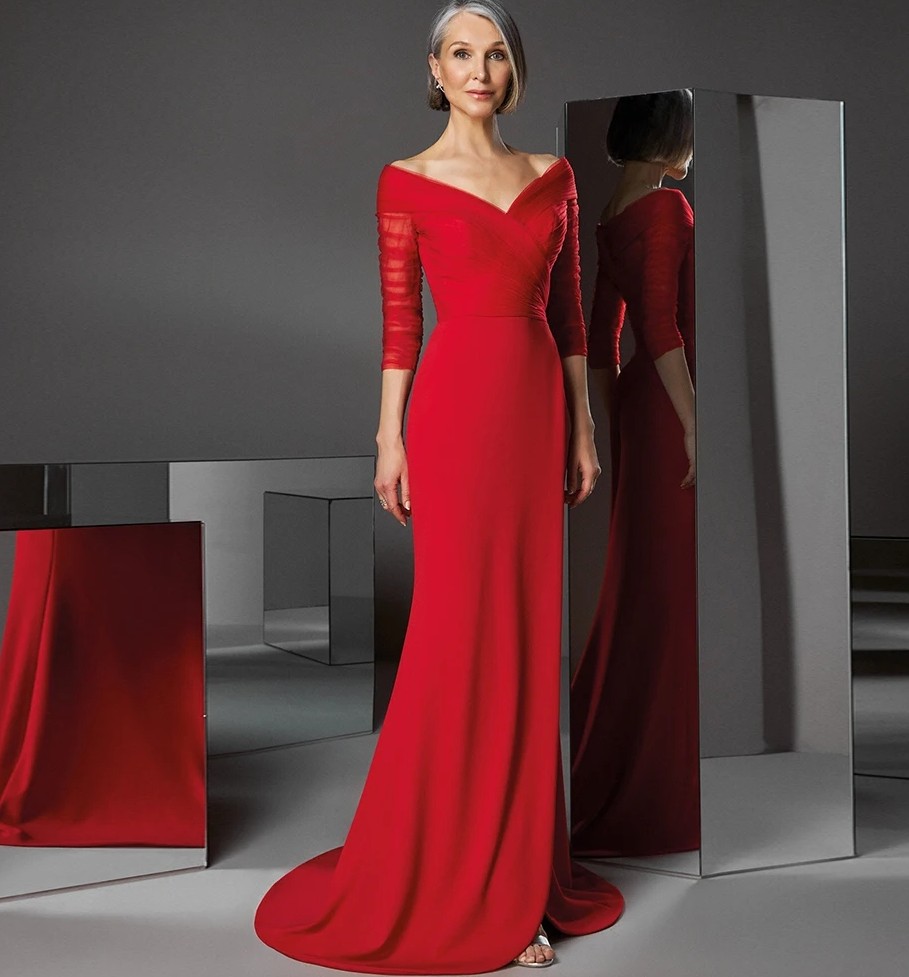 Elegant Red Mother of The Bride Dress 2026 V-neck 3/4 Sleeve Pleats Tulle Satin Wedding Mom Guest Party Gowns