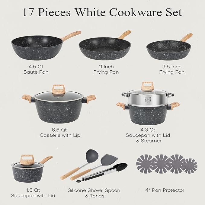 17-Pcs Pots and Pans Set Non Stick Kitchen Cookware Sets Nonstick Induction Cookware Non-toxic Black Granite Cooking Tools with Stay-Cool Handles Sili
