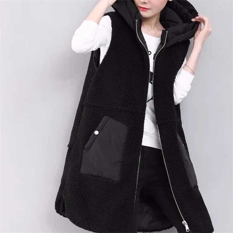 Imitation Lambwool Vest With Cotton Thick Warm Sleeveless Jacket Women Long Hooded Waistcoat Fashion Casual Vest Large Size 4XLT251128