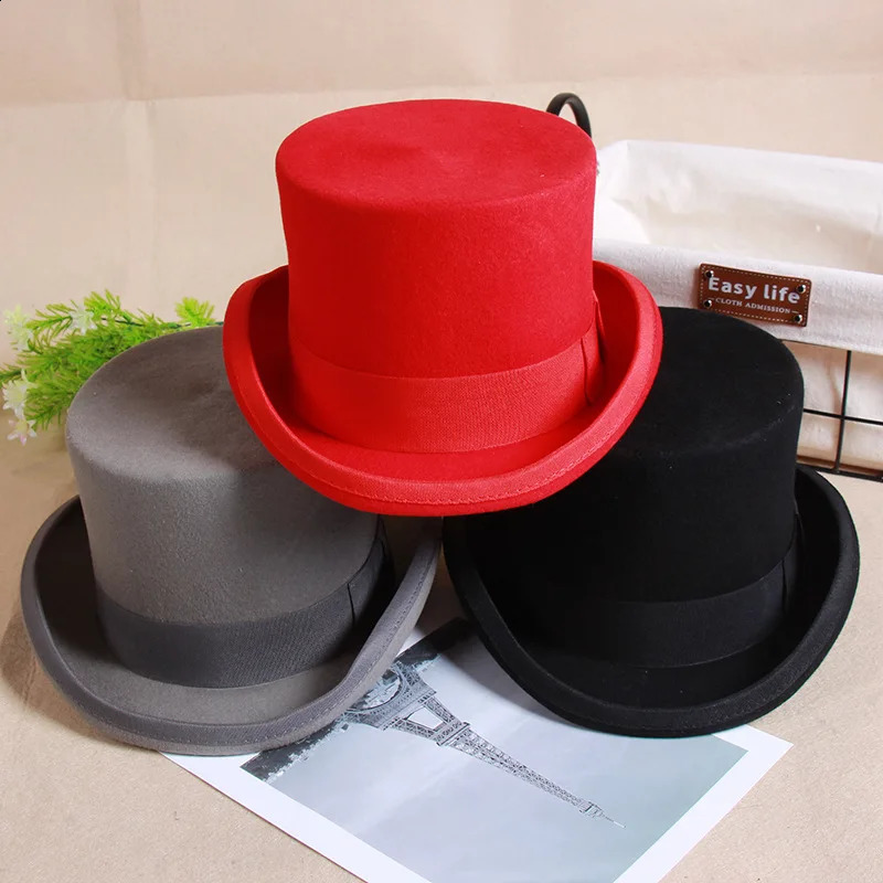 2024 Wool Flat Man Top Hat Fashion Fedora Hats Versatile Panama Magician Cap Gentleman Cylinder Strap Steampunk Unisex Elegant 250417bj