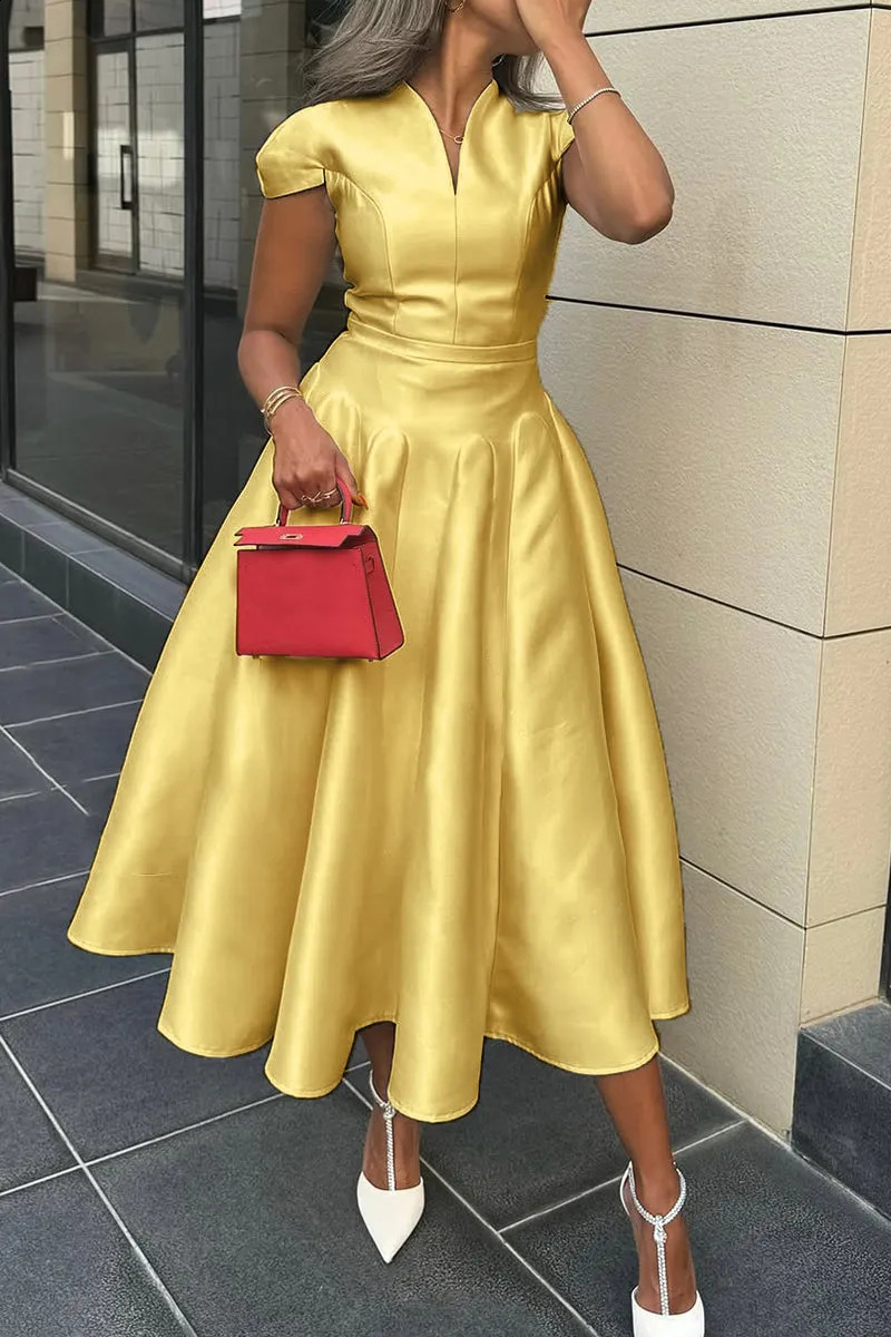 2025V collar and waist hem dress French style dress long skirt for women 240627