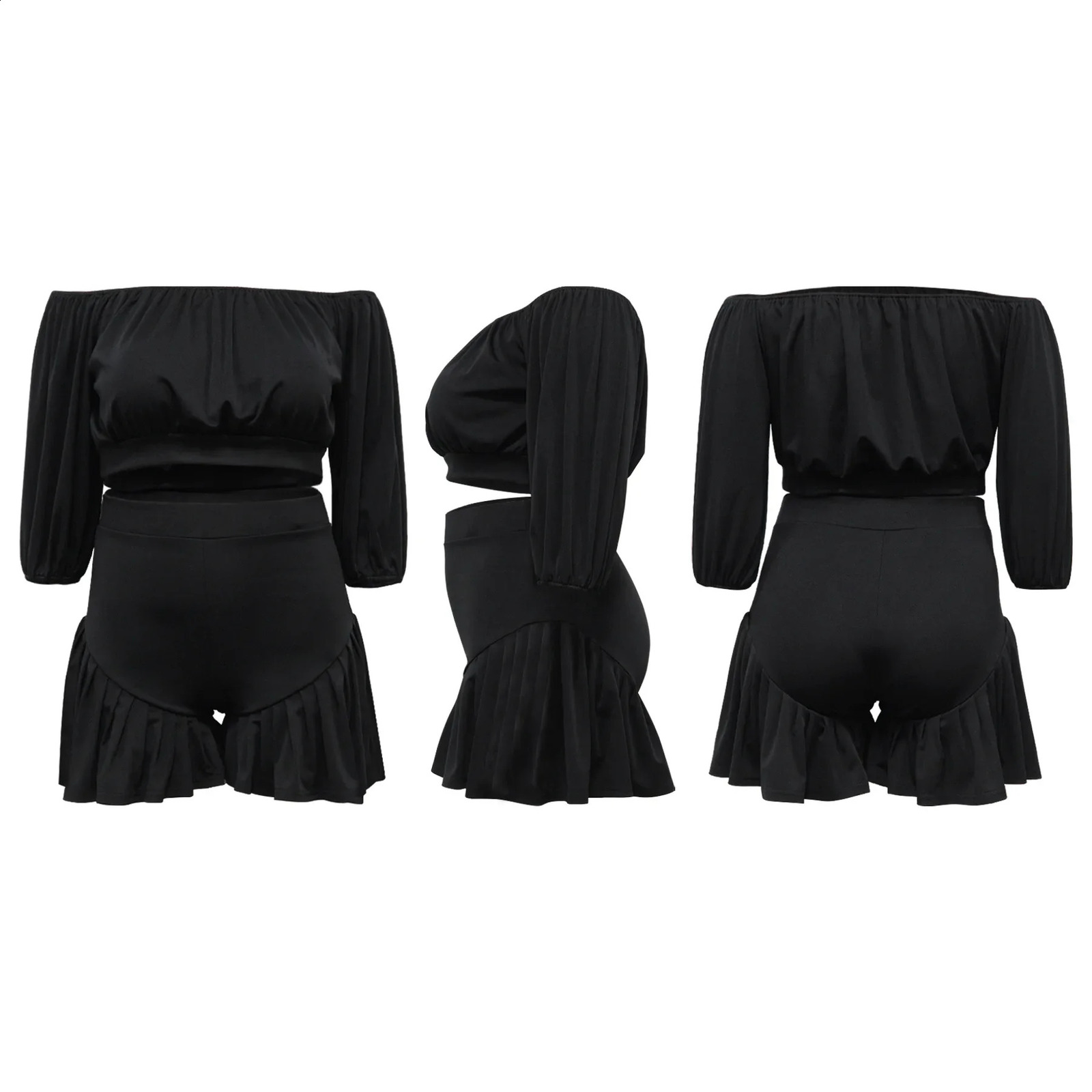 Plus Size Womens Set Long Sleeve Slash Neck T-Shirt and Shorts 2025 Summer Ruched Two 2 Piece Set Outfits Tracksuit 250428
