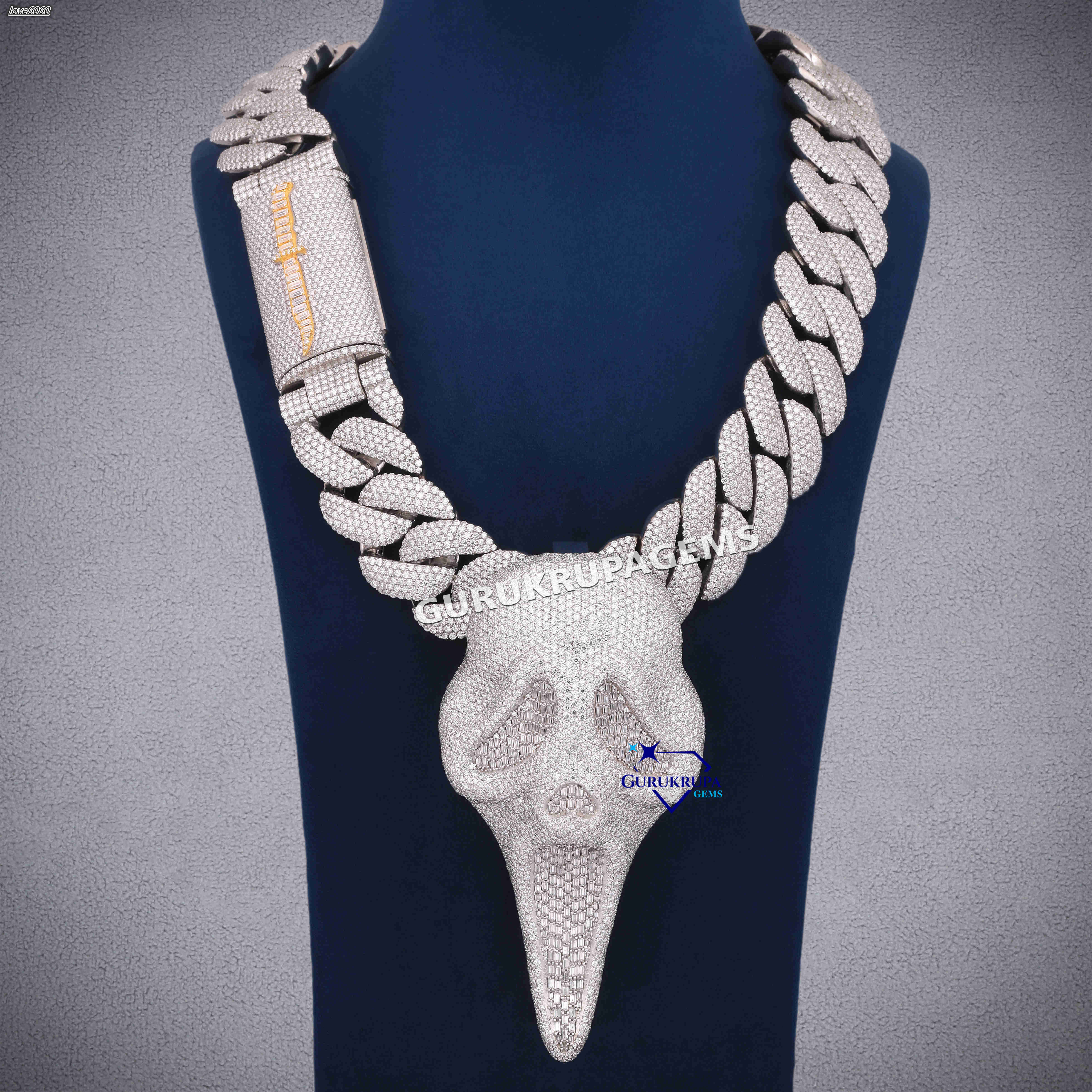 Unique Long Faced Skull Pendant Thick Silver Cuban Chain Fully Iced With Moissanite Stones Perfect For Luxe Streetwear Style
