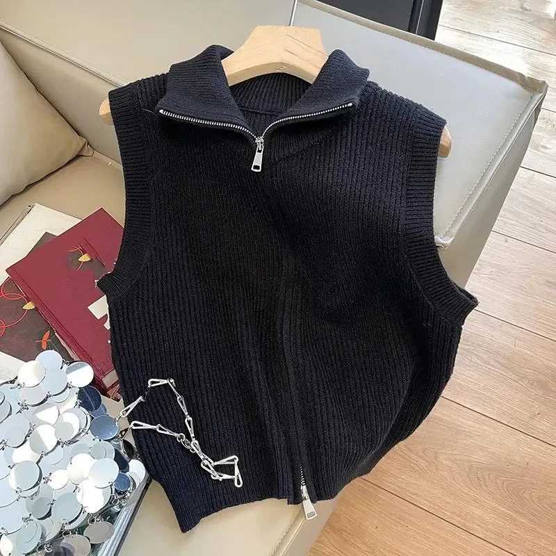 Retro Ladies Short Knit Vest Jacket Female Stand Collar Waistcoat Coat Spring Autumn Women Zipper Sweater Sleeveless TopsT251128