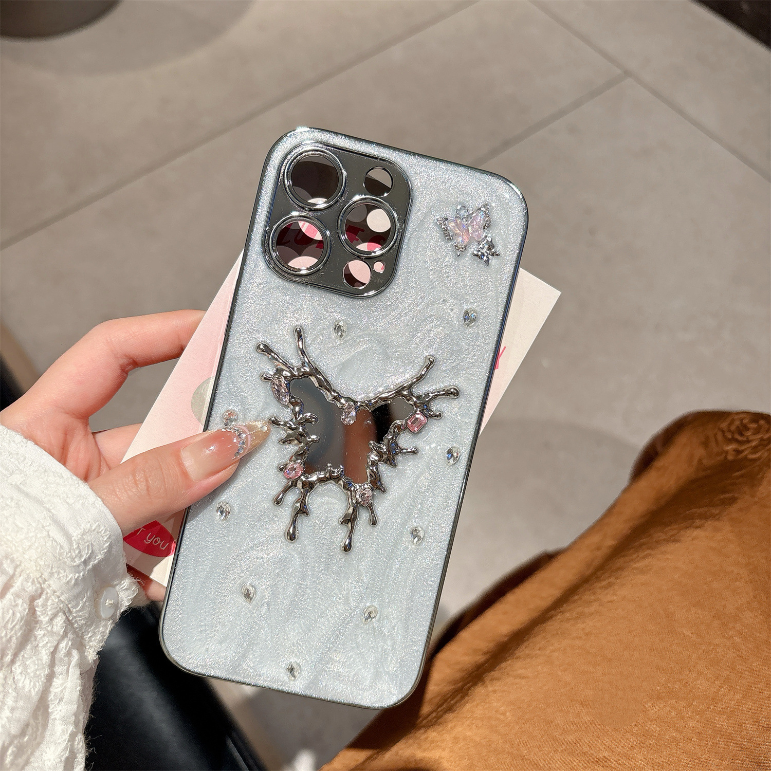 Electroplated Edge Diamond Butterfly Phone Case iPhone 17 Pro Max Compatible with Apple 16/15 Bowknot 3D New